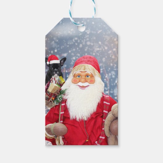 サンタクロースwクリスマスプレゼントフランスのブルドッグ ギフトタグ (正面)