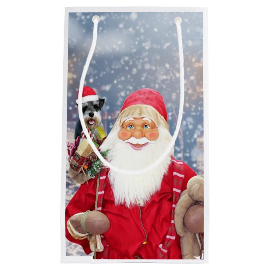 サンタクロースwクリスマスミニチュアシュナウツァードッグ スモールペーパーバッグ (正面)
