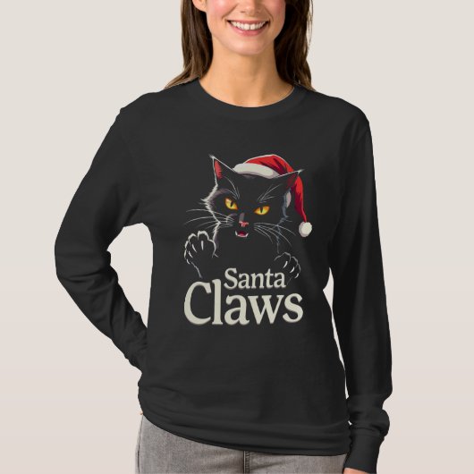 サンタクロー - 面白い黒猫のクリスマスデザイン Tシャツ (正面)