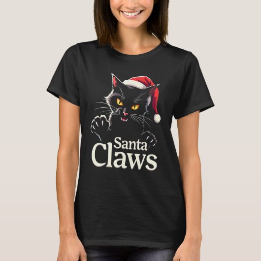 サンタクロー – 面白い黒猫のクリスマスデザイン Tシャツ (正面)