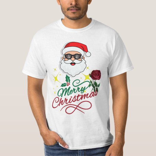 サンタクールメリークリスマスとバラ&ホリー Tシャツ (正面)