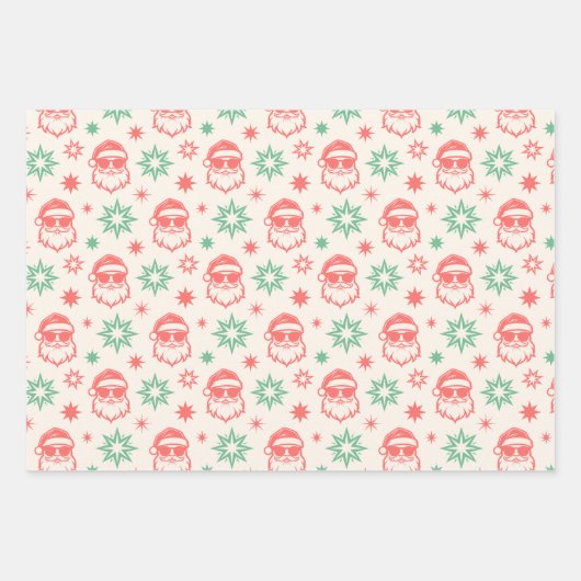 サンタクールレトロメリークリスマス赤淡い色の緑 ラッピングペーパーシート (正面2)