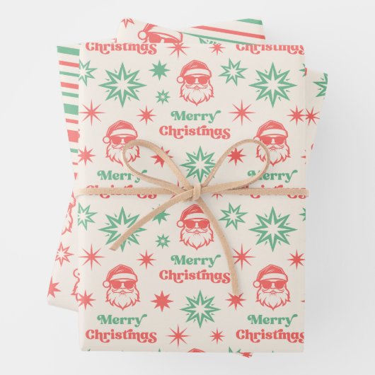 サンタクールレトロメリークリスマス赤淡い色の緑 ラッピングペーパーシート (インサイチュ)