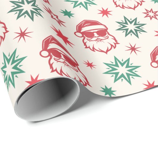 サンタクールレトロ淡い色のレッドグリーンクリームクリスマス ラッピングペーパー (ロールコーナー)