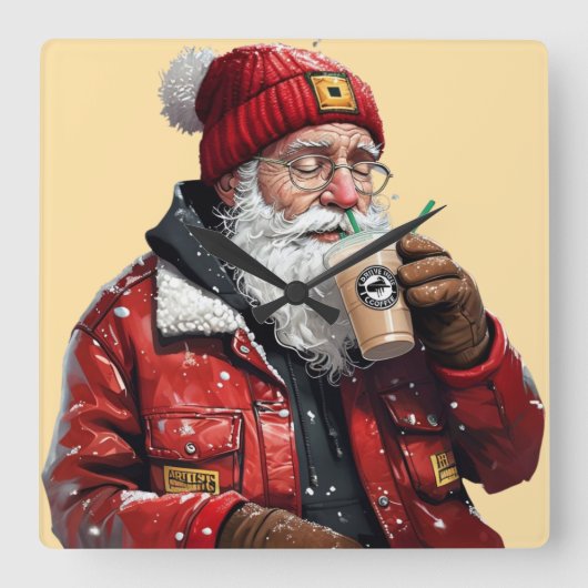 サンタクールー飲みアイスコーヒースクリスマスアート スクエア壁時計 (正面)