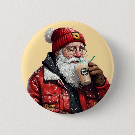 サンタクールー飲みアイスコーヒースクリスマスアート 缶バッジ (正面)
