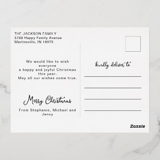 サンタク信じリスマスファミリー写真のレトロ 箔シーズンポストカード (裏面)