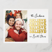 サンタク信じリスマスファミリー写真のレトロ 箔シーズンポストカード (正面)