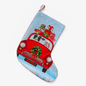 サンタク縁どロと車でコリードッグ スモールクリスマスストッキング (正面 (吊り時))