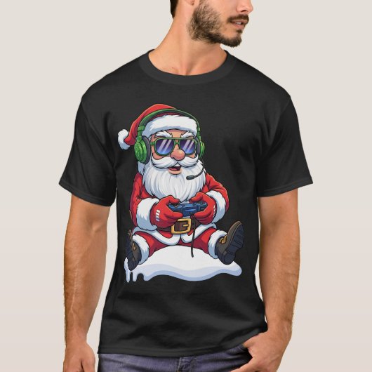 サンタゲーマークールコントローラゲームビデオゲームクリスマス Tシャツ (正面)