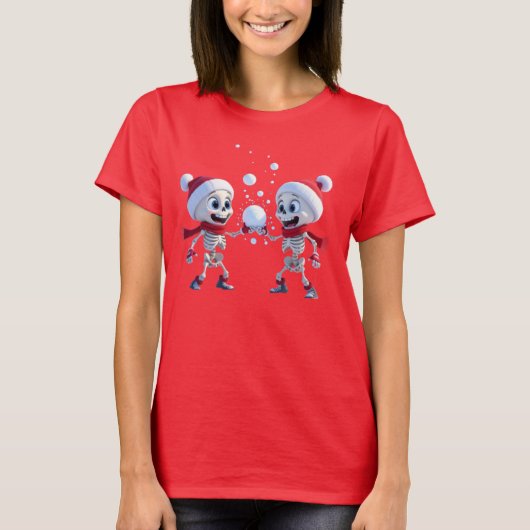 サンタコスしたスケルトンたちのスノーボールファイト Tシャツ (正面)
