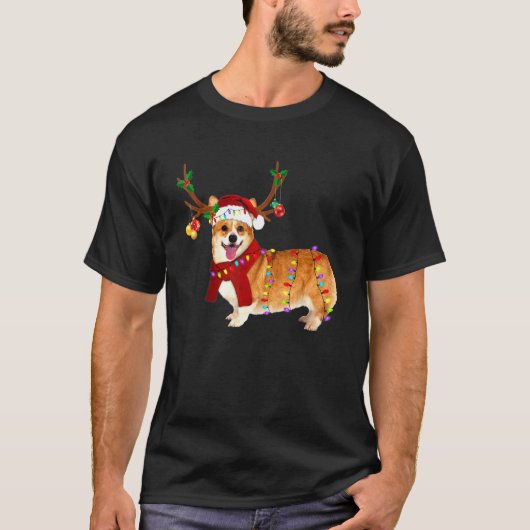 サンタコーギー トナカイ ライト クリスマス Tシャツ (正面)