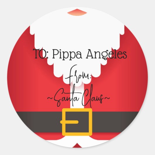 サンタコートとベルトのクリスマスプレゼントラベルラベル ラウンドシール (正面)
