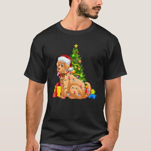サンタゴールデンレトリエバークリスマスライトドッグクリスマスH Tシャツ (正面)