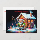 サンタサイケデリックホールディング魚釣りポールクリスマス シーズンポストカード (正面/裏面)