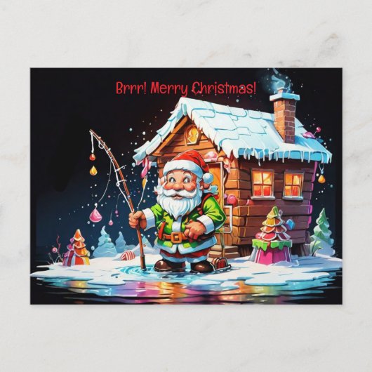 サンタサイケデリックホールディング魚釣りポールクリスマス シーズンポストカード (正面)