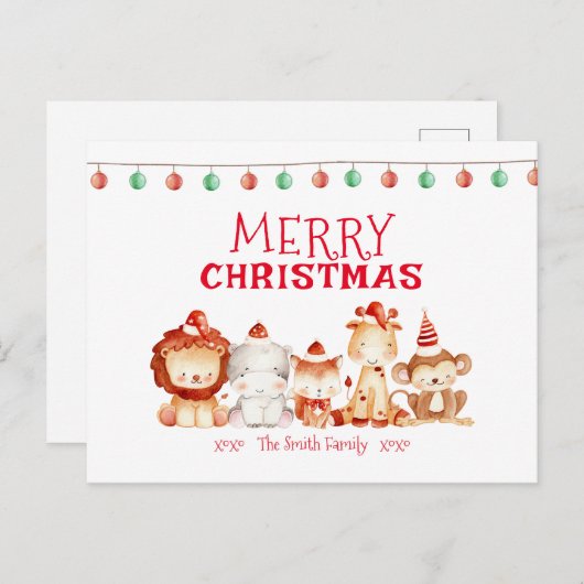 サンタサファリの動物たち、メリークリスマス シーズンポストカード (正面/裏面)