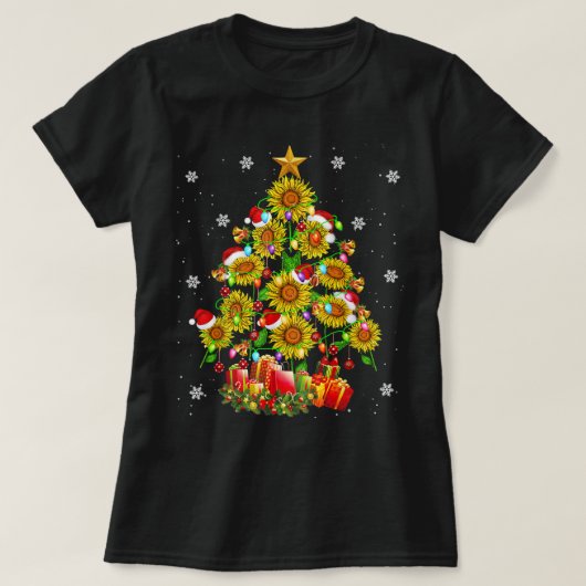 サンタサンフラワークリスマスツリークリスマスライトサンタS Tシャツ (デザイン正面)