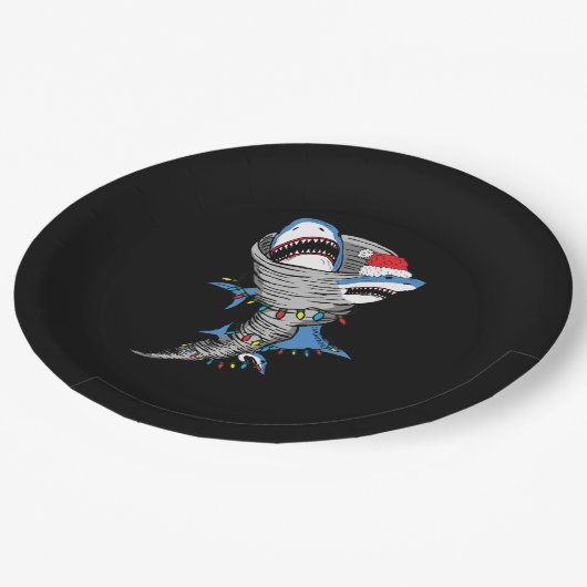 サンタシャークが竜巻に乗ってメリークリスマス ペーパープレート (アングル)