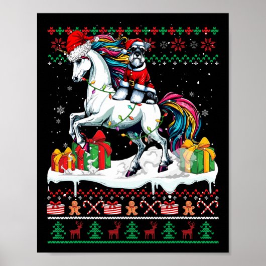 サンタシュナウザーライディングユニコーンクリスマスセーターL ポスター (正面)