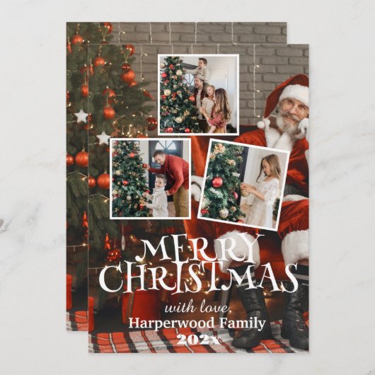 サンタシンプルエレガントファミリークリスマス写真 シーズンカード (正面/裏面)