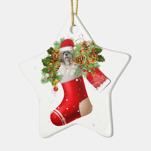 サンタシーズー（犬）Tzuインクリスマスソックス | X-masギフト セラミックオーナメント (左)