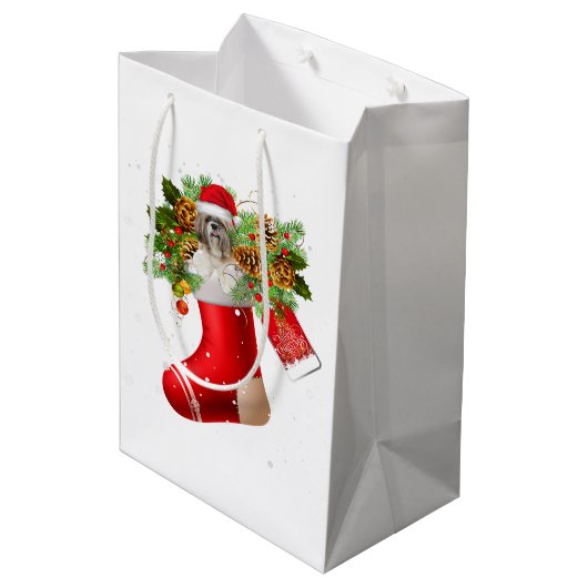 サンタシーズー（犬）Tzuインクリスマスソックス | X-masギフト ミディアムペーパーバッグ (裏面アングル)