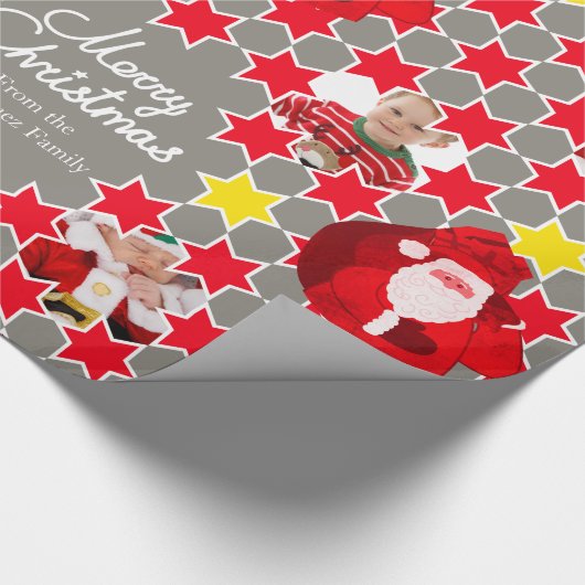 サンタスターパターン赤いグレーのクリスマスファミリーの写真 ラッピングペーパー (角)