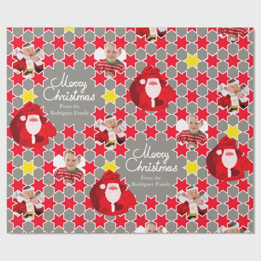 サンタスターパターン赤いグレーのクリスマスファミリーの写真 ラッピングペーパー (フラット)