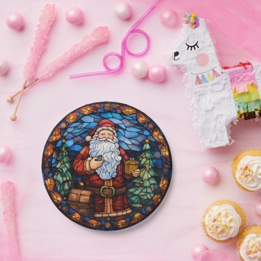 サンタステンドグラススタイルクリスマス紙プレート ペーパープレート (パーティー)