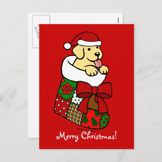 サンタストッキングイエローラブラドール子犬マンガ シーズンポストカード (正面/裏面)