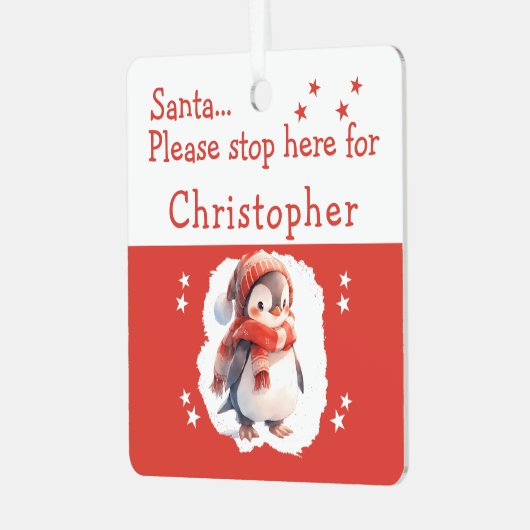 サンタストップーここ名前かわいいペンギン赤 メタルオーナメント (正面左)
