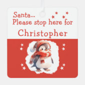 サンタストップーここ名前かわいいペンギン赤 メタルオーナメント (正面)