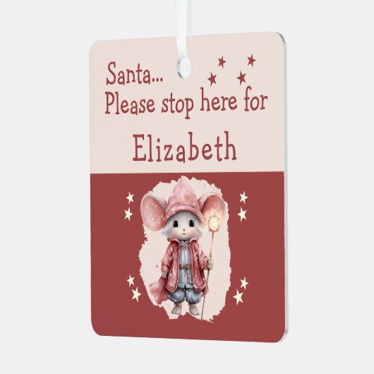 サンタストップーここ名前かわいいマウスピンク メタルオーナメント (正面左)