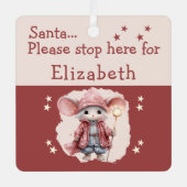 サンタストップーここ名前かわいいマウスピンク メタルオーナメント (正面)