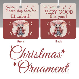 サンタストップーここ名前かわいいマウスピンク メタルオーナメント