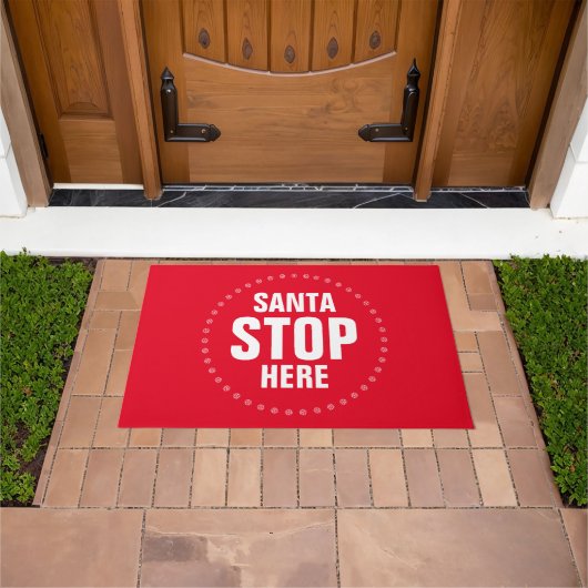 サンタストップHere赤と白かわいいおもしろい ドアマット (室外)