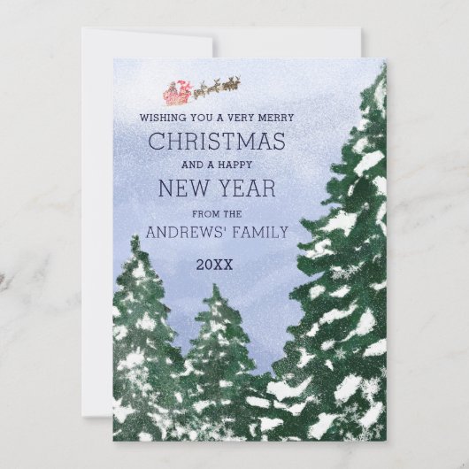 サンタス飛んでいるノーの冬の木々のク色彩の鮮やかリスマス シーズンカード (正面)