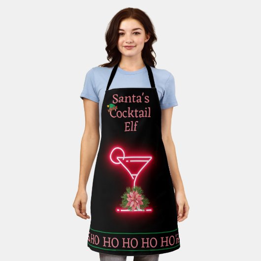 サンタズクリスマスカクテル小妖精や小人ブラック&ネオン エプロン (着用した状態)