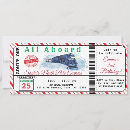 サンタズクリスマストレインノースポールチケット誕生日 招待状 (正面)