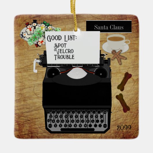 サンタズグッドドッグパピーヴィンテージタイプライター セラミックオーナメント (正面)