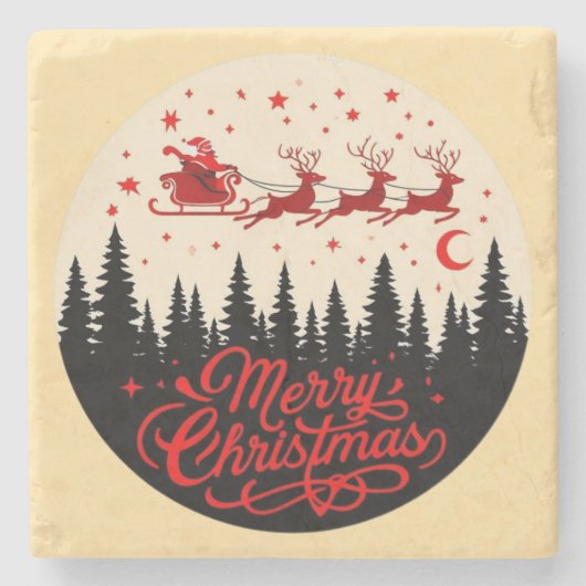 サンタズスリーのメリークリスマスフォレストのシーンアート ストーンコースター (正面)