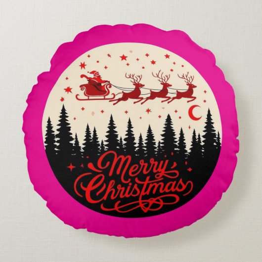 サンタズスリーのメリークリスマスフォレストのシーンアート ラウンドクッション (正面)