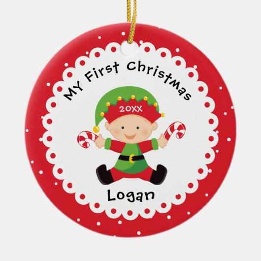 サンタズリトル小妖精や小人ベビー初めてのクリスマス セラミックオーナメント (正面)