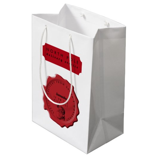 サンタズワークショップ名前をカスタムするクリスマススタンプ ミディアムペーパーバッグ (裏面アングル)