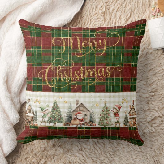 サンタズワークショップ小妖精や小人レッドグリーンクリスマスタータンチェック クッション (ブランケット)