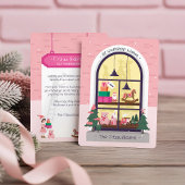 サンタズ小妖精や小人ピンクのクリスマストイのワークショップウィンドウ シーズンカード