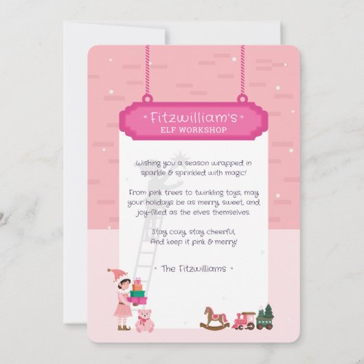 サンタズ小妖精や小人ピンクのクリスマストイのワークショップウィンドウ シーズンカード (裏面)