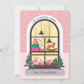 サンタズ小妖精や小人ピンクのクリスマストイのワークショップウィンドウ シーズンカード (正面)