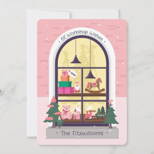 サンタズ小妖精や小人ピンクのクリスマストイのワークショップウィンドウ シーズンカード (正面)